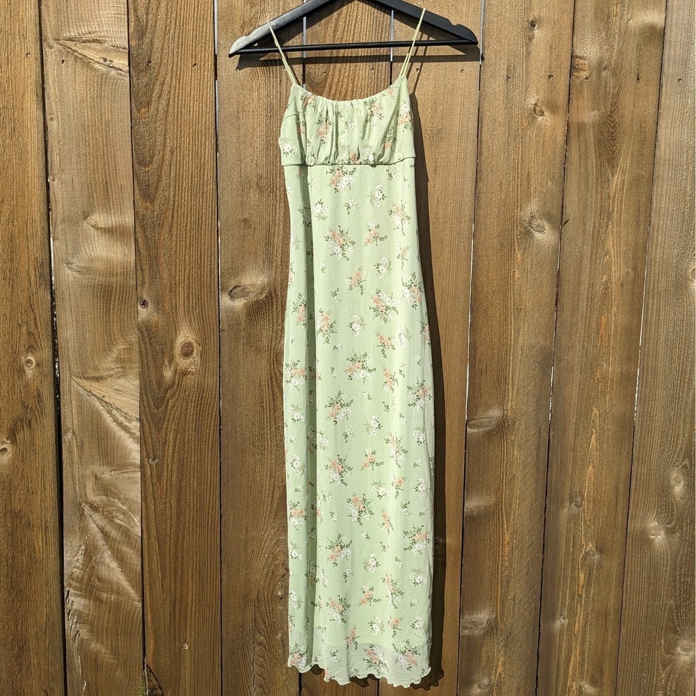 Y2K Mesh Floral Babydoll Slip Dress M Fairycore Milkmaid Green Midi Boho Summer